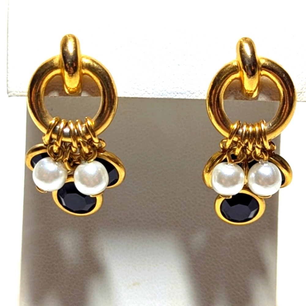 Elegant Goldtone, Black Crystal And Faux Pearl Pierced Dangle Earrings arrings - Picture 6 of 7